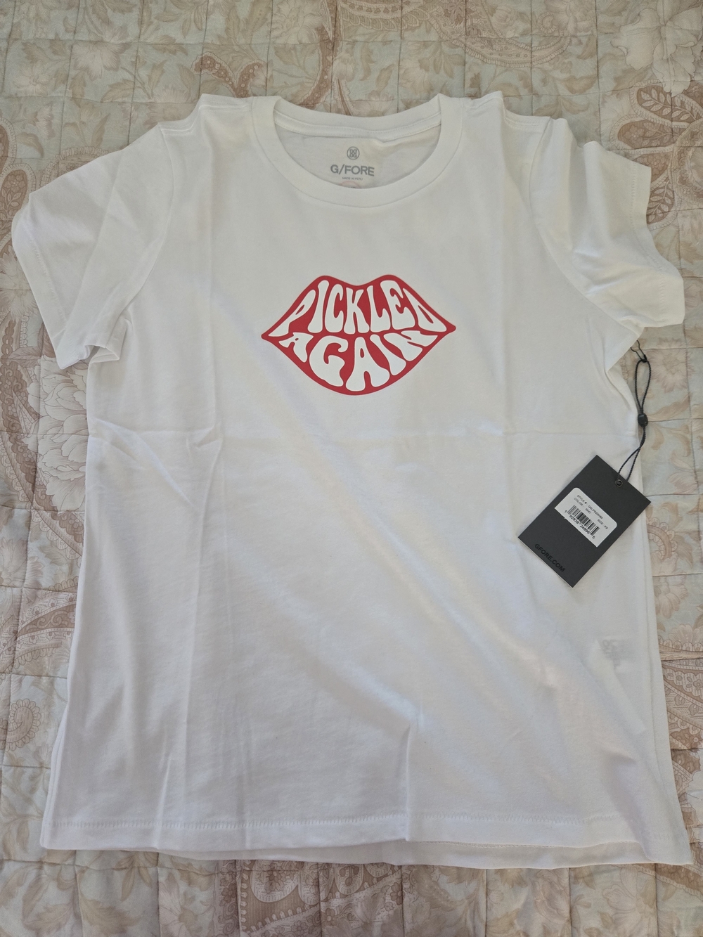 G/FORE White Kids Short Sleeve Tee with Red Lip 'Pickle Again' Graphic